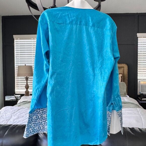 AXXESS Men’s Shirt Large Turquoise Paisley Long Sleeve Button-Up Contrast Collar - Picture 2 of 12